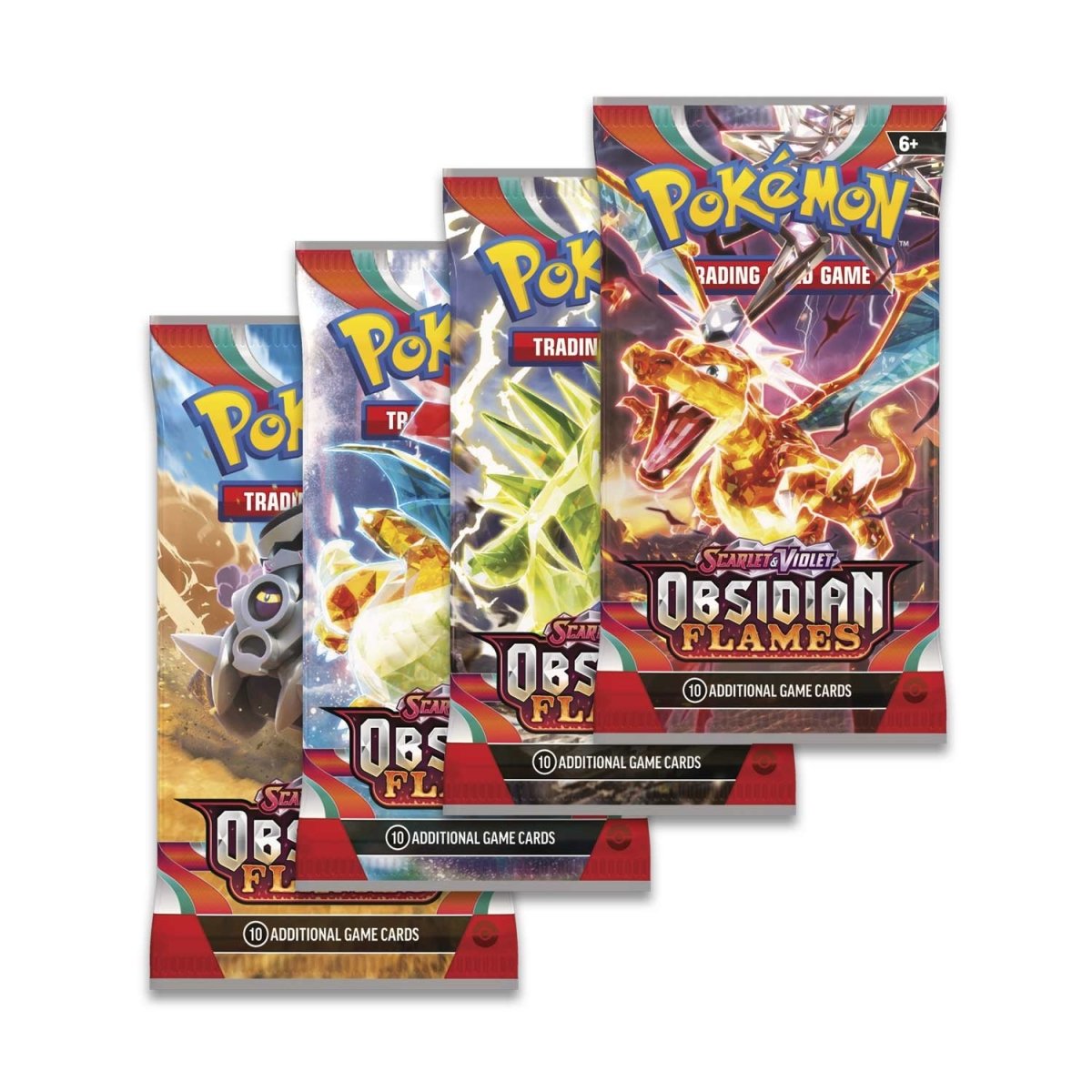 Pokemon Scarlet & Violet Obsidian Flames Booster Packs, Front of Booster Pack Art Work, four booster packs, Charizard art work.