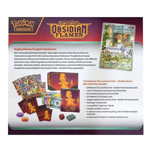 Pokemon Scarlet & Violet Obsidian Flames Elite trainer box, rear of elite trainer box, Pokemon Scarlet & Violet Obsidian Flames branding.