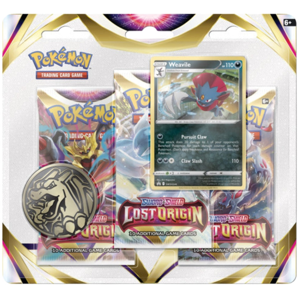 Front view of the Pokemon Trading Card Game Sword & Shield Lost Origin Triple Blister Pack featuring Weavile Black Star Promo Card and 3 Booster Packs.