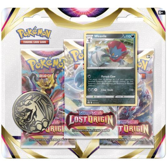Front view of the Pokemon Trading Card Game Sword & Shield Lost Origin Triple Blister Pack featuring Weavile Black Star Promo Card and 3 Booster Packs.