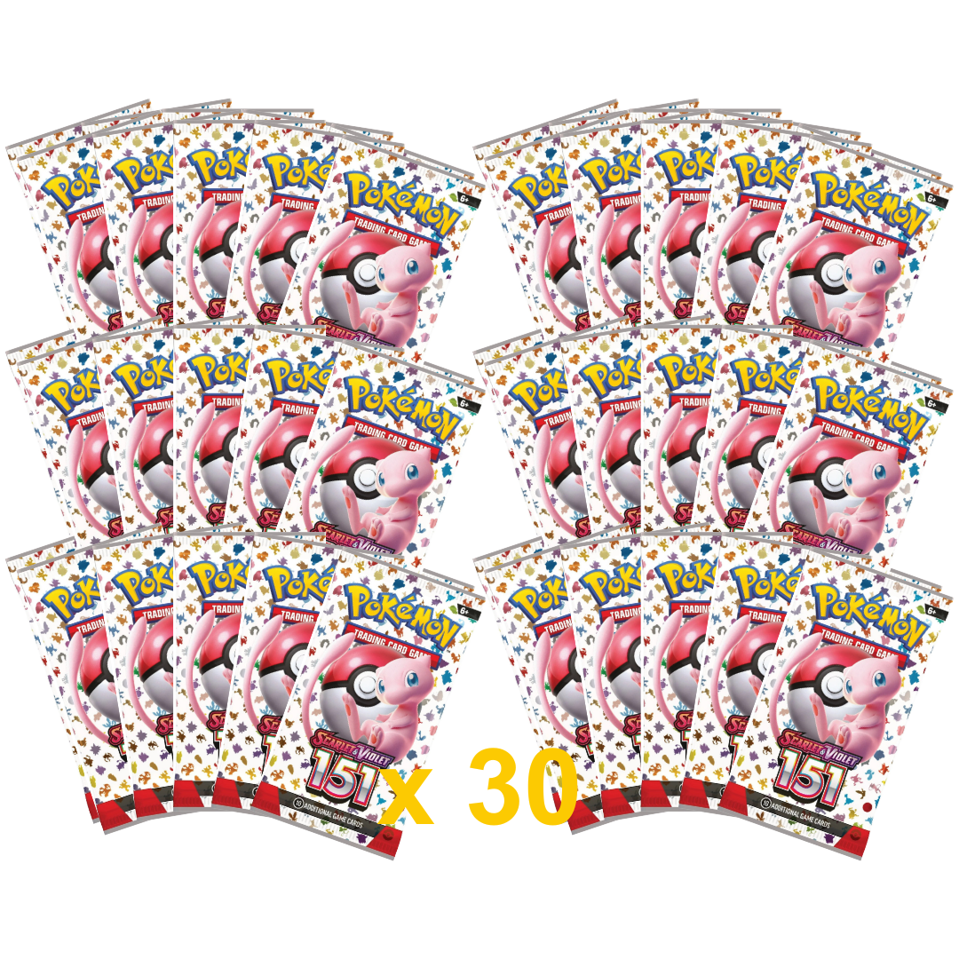Front view of 30 of the Pokemon Trading Card Game Scarlet and Violet 151 Booster Packs on a white background.