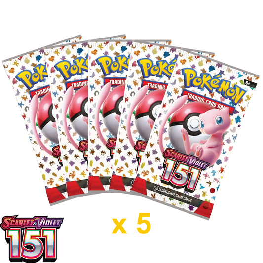 Front view of 5 of the Pokemon Trading Card Game Scarlet and Violet 151 Booster Packs on a white background. Scarlet and Violet logo featured in bottom corner of image.