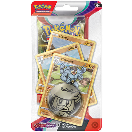 Pokémon TCG Scarlet & Violet Base Set Premium Checklane Blister packaging featuring Machamp evolution line.