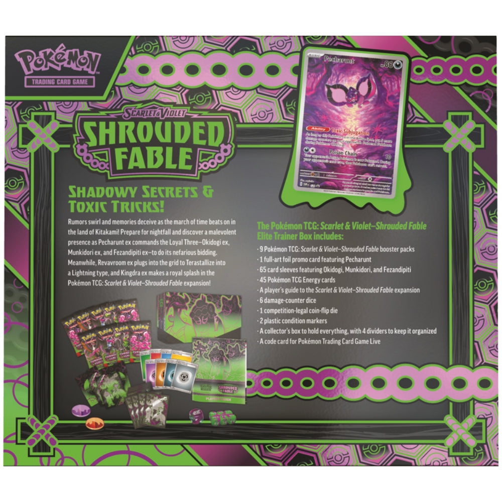 Sealed Shrouded Fable Elite Trainer Box featuring Pecharunt promo rear.
