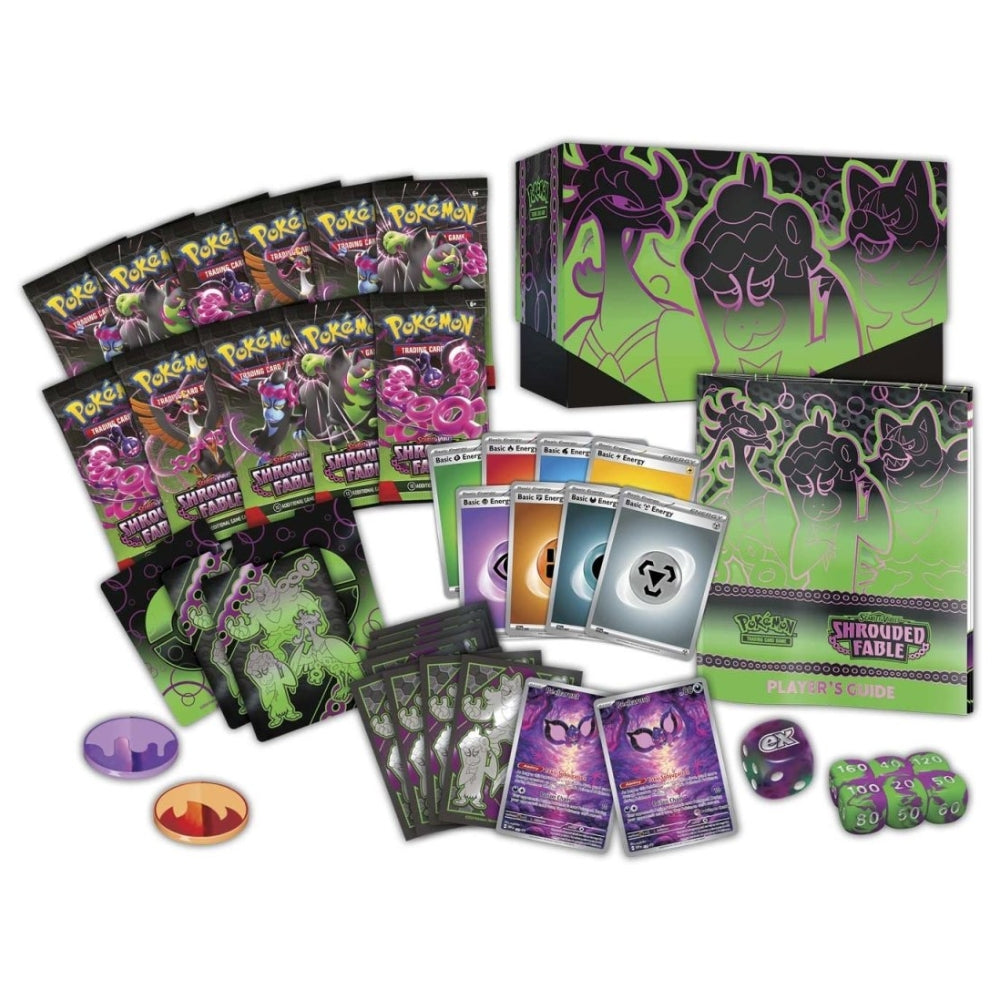 Contents of Pokémon Center Shrouded Fable ETB: 11 packs, promos, sleeves, dice, energy, and guide.