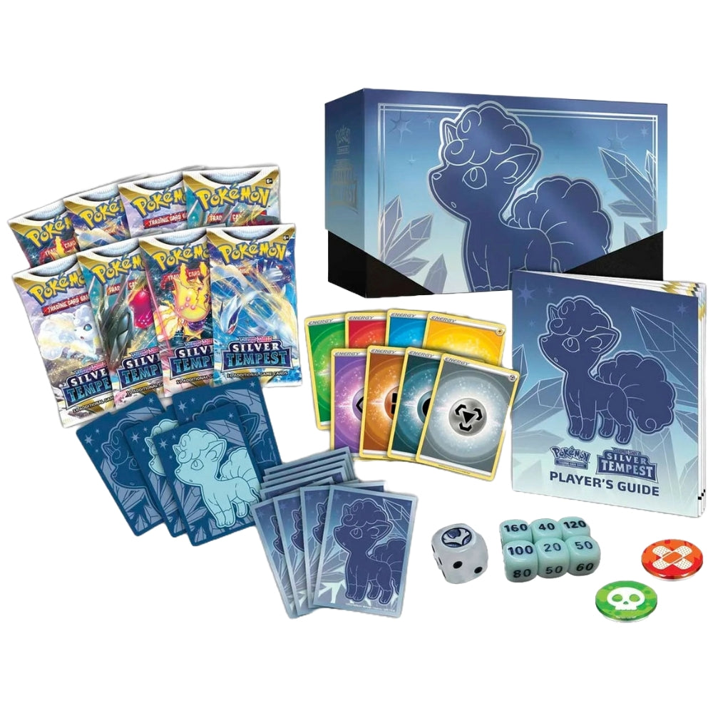 Silver Tempest ETB contents: booster packs, sleeves, dice, VSTAR marker, and guide.