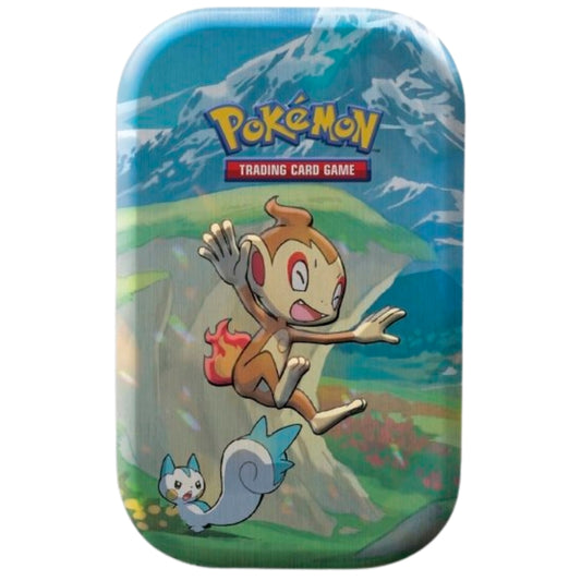 Front view of the Pokemon Trading Card Game Sinnoh Stars Mini tin featuring Chimchar & Pachirisu.