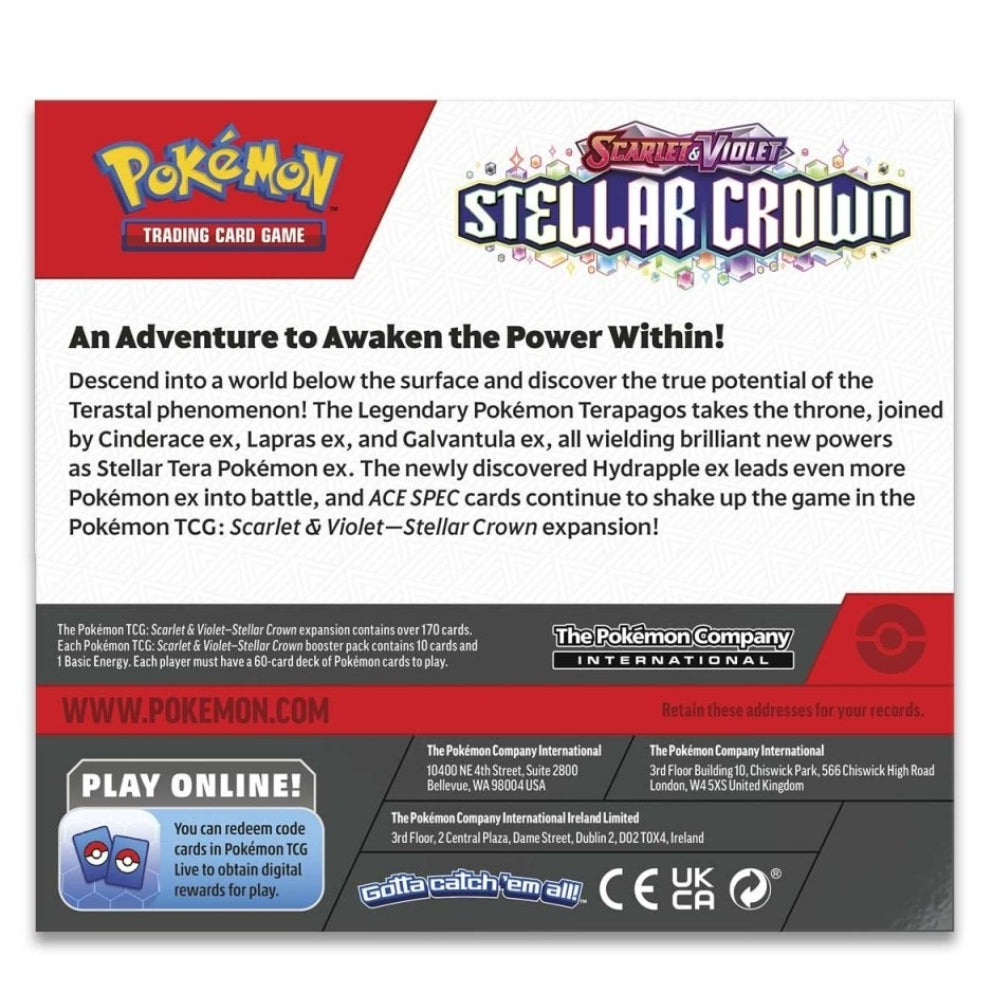 Rear view of The Pokemon Trading Card Game Scarlet and Violet Stellar Crown Booster Box.