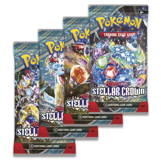Front view of The Pokemon Trading Card Game Scarlet and Violet Stellar Crown Booster packs featuring four booster packs featuring different pokemon artwork.