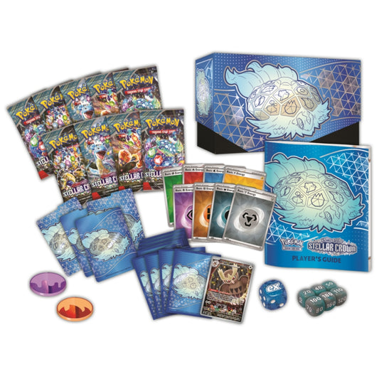 Full contents of Stellar Crown ETB: packs, promo, sleeves, dice, guide, and accessories.