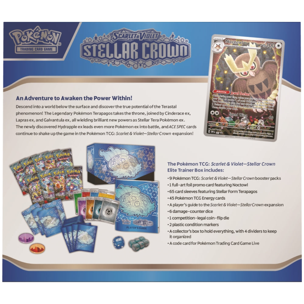 Rear view of a Sealed Stellar Crown Elite Trainer Box featuring Noctowl promo card