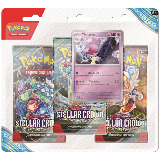 Front of 3‑Pack Stellar Crown Blister featuring Tinkaton promo card and booster packs.