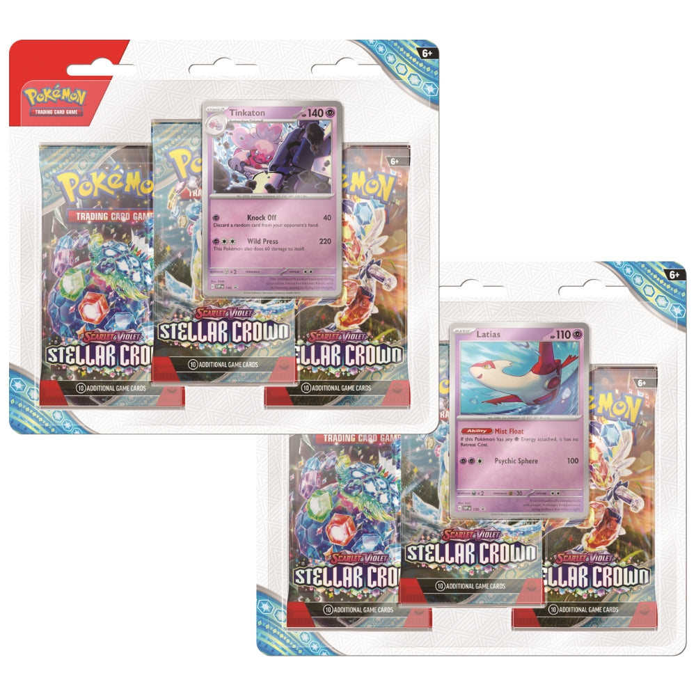 Front of 2 3‑Pack Stellar Crown Blister featuring Latias and Tinkaton promo card and booster packs.