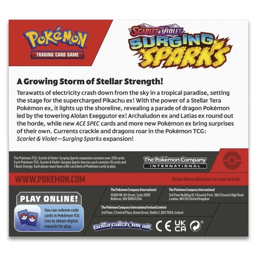 Rear view of The Pokémon TCG Surging Sparks Booster Box sealed – Scarlet & Violet branding