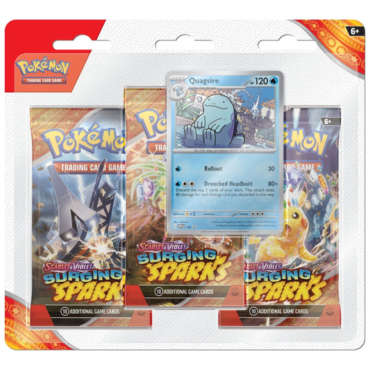 Pokémon TCG Surging Sparks 3‑Pack Blister sealed featuring foil promo Quagsire.