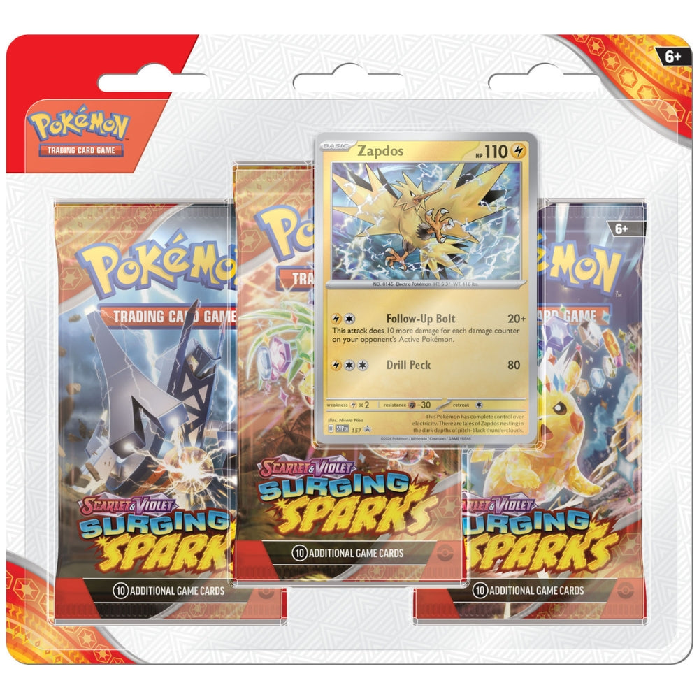 Pokémon TCG Surging Sparks 3‑Pack Blister sealed featuring foil promo Zapdos.
