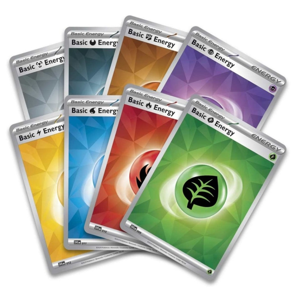 Eight Foil Holo Energy Cards from The Pokemon Trading Card Game Terapagos ex Ultra-Premium Collection.