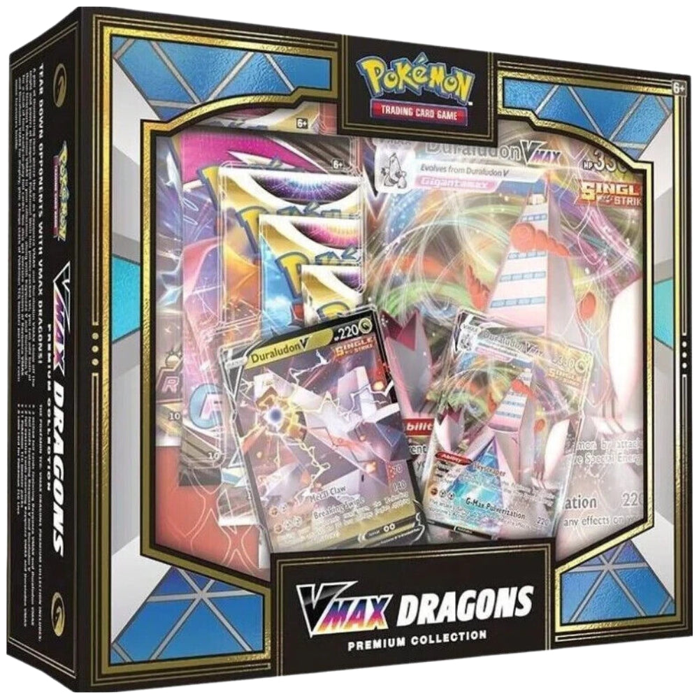 Front angled view of the Pokemon Trading Card Game VMAX Dragons Premium Collection Box Featuring Duraludon.