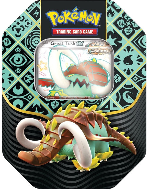 Front view of the Pokemon Trading Card Game Scarlet & Violet Paldean Fates Tins featuring Great Tusk ex Pokemon Character.