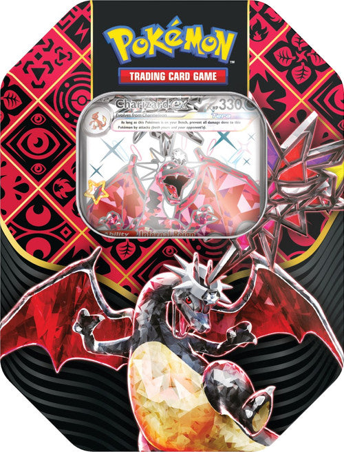 Front view of the Pokemon Trading Card Game Scarlet & Violet Paldean Fates Tins featuring Charizard ex Pokemon Character.