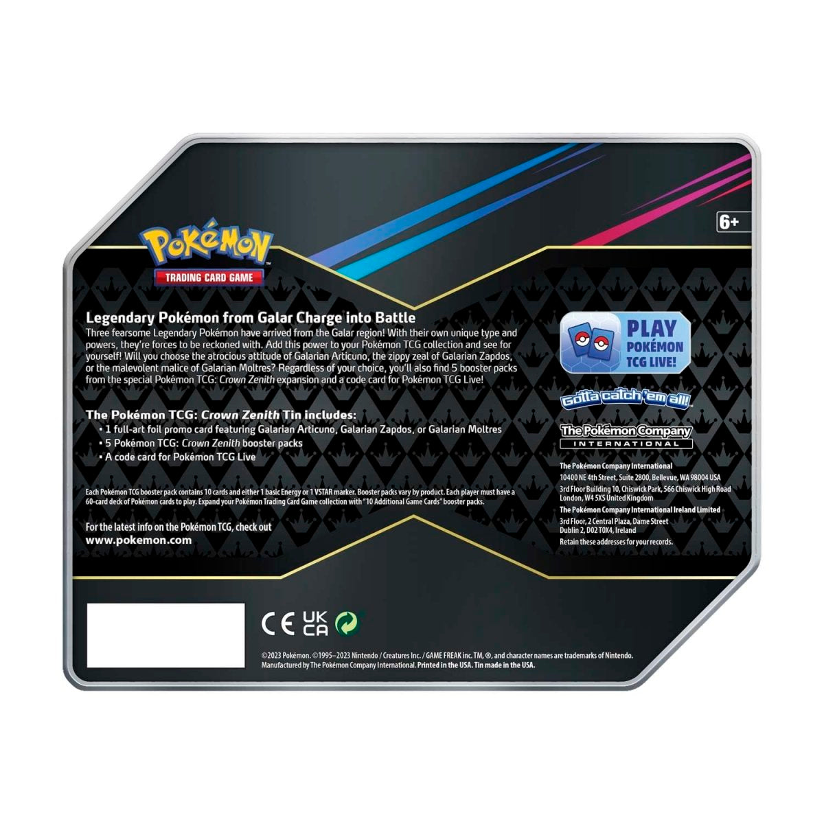 Rear view of the Pokemon Crown Zenith Galarian Birds Tins.