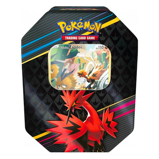 Pokemon Sword and Shield Crown Zenith Galarian Zapdos Tin, Front of tin