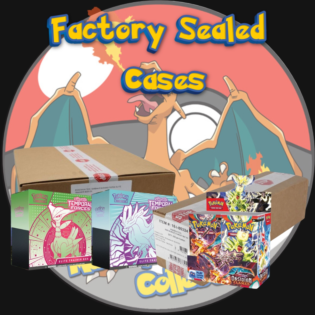 Marley Collects Logo used as the background with Pokemon Trading Card Game Factory Sealed Cases Including Elite Trainer Boxes and Booster Boxes