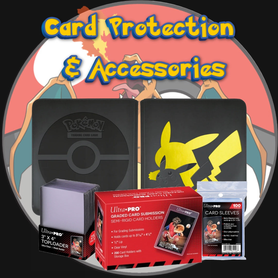 Pokemon Pikachu Ultra Pro Card Protection Binder, Front of binder, Rear of binder, Ultra Pro Card Savers, Ultra Pro Card Sleeves, Ultra Pro Top Loaders, Marley Collect's Ltd Logo used as the background for the image.