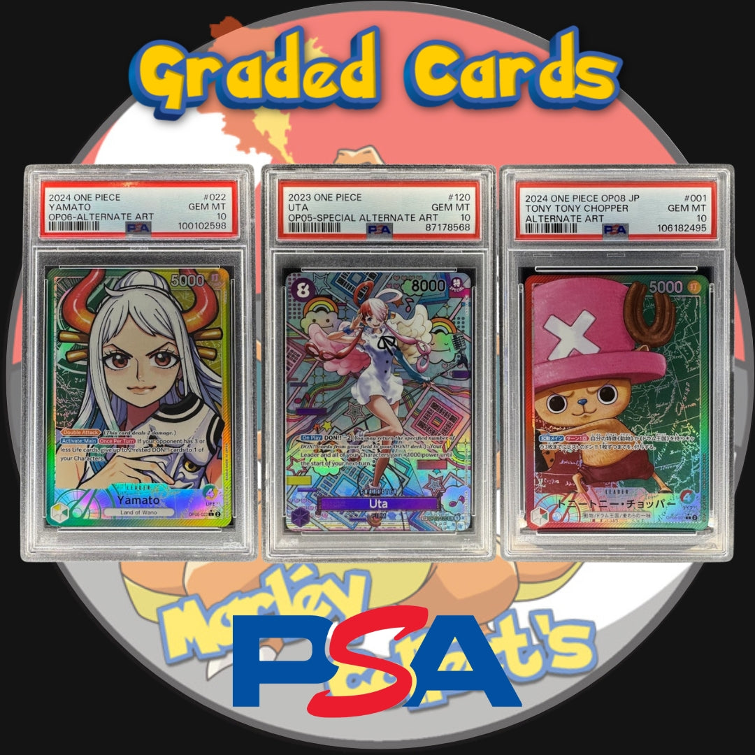 PSA Graded One Piece Cards with Marley Collects Logo used in the background.