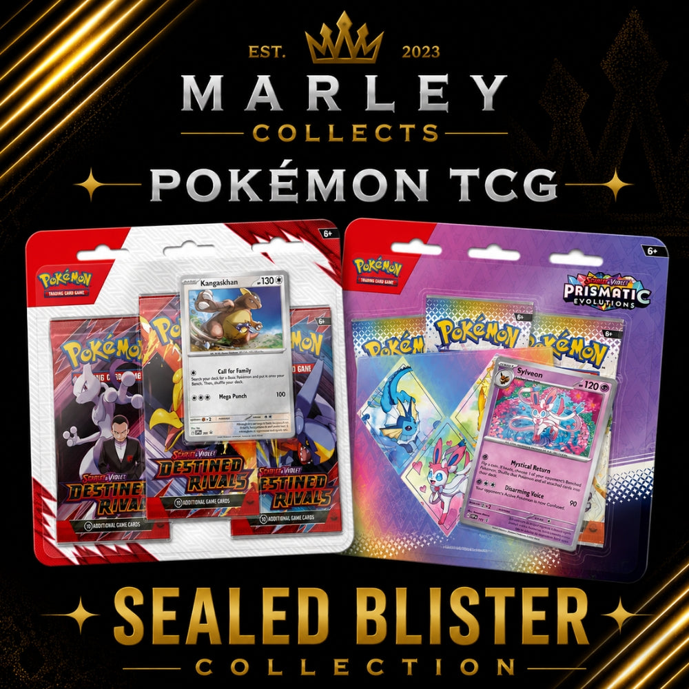 Pokémon TCG Sealed Blisters collection featuring Destined Rivals and Prismatic Evolutions blister packs with Marley Collects branding.