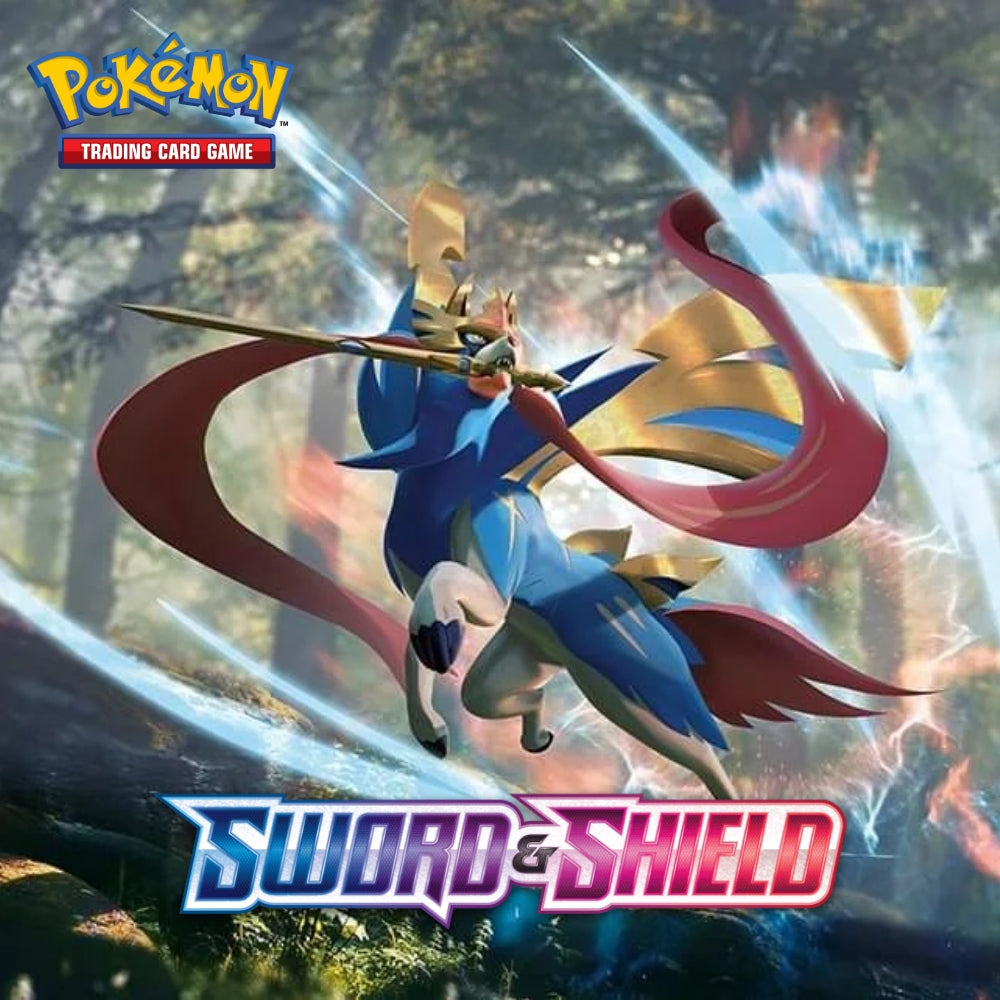 Pokémon Trading Card Game Sword and Shield Base Set Artwork featuring Zacian and Pokemon Sword and Shield branding.
