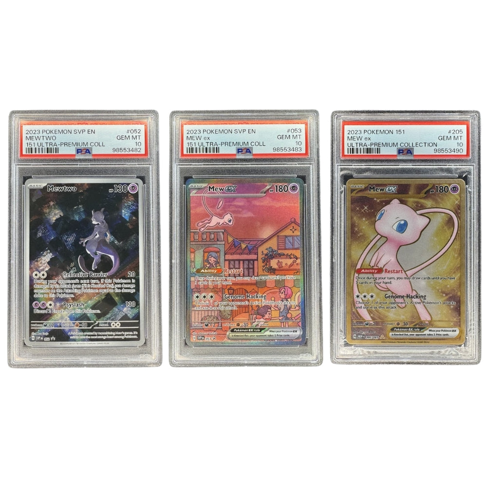 Pokémon 151 UPC Promo Set PSA 10 Mewtwo Mew ex and Gold Metal Mew.