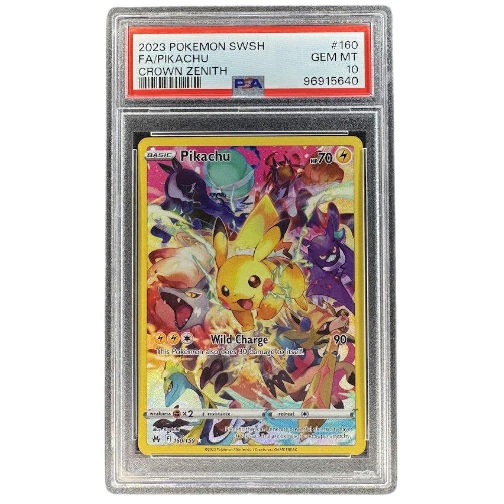 Pikachu 160/159 PSA 10 Crown Zenith Galarian Gallery card front.