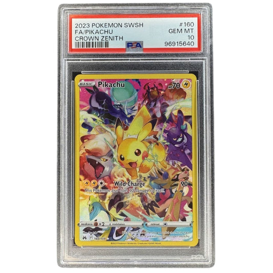 Pikachu 160/159 PSA 10 Crown Zenith Galarian Gallery card front.