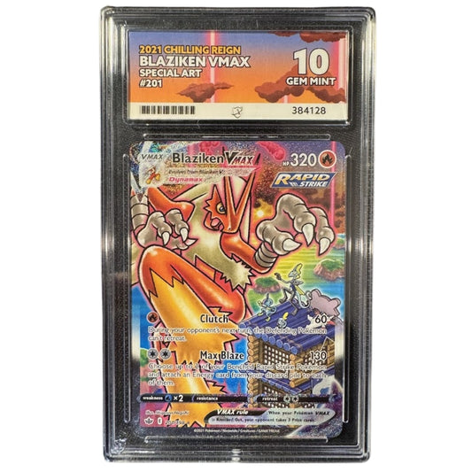 Blaziken VMAX 201/198 ACE 10 Pokémon Chilling Reign graded slab front.