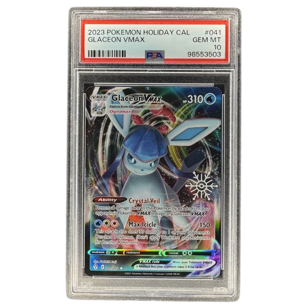 Glaceon VMAX 041/203 Holiday Calendar Snowflake Stamp PSA 10 front.