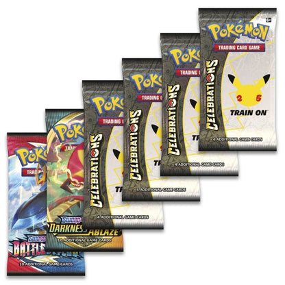 Booster Packs from the Pokémon Celebrations Lance's Charizard V Collection Box.