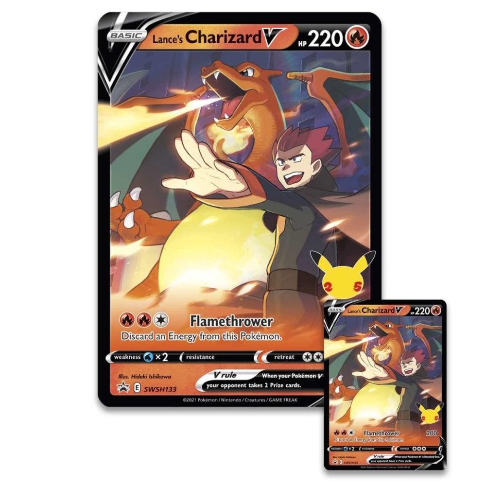 Jumbo Card and Promo Card from the Pokémon Celebrations Lance's Charizard V Collection Box.