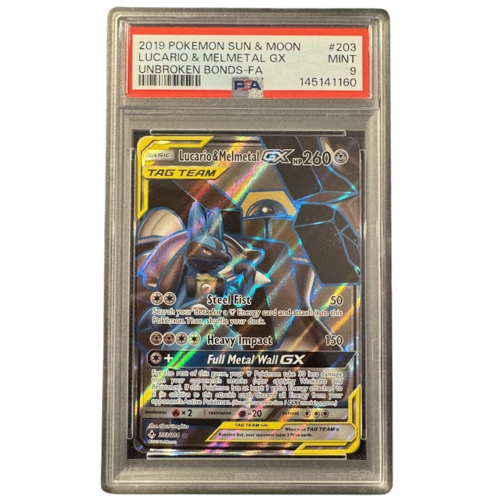 Pokémon Unbroken Bonds Lucario & Melmetal GX PSA 9 collectible card front.