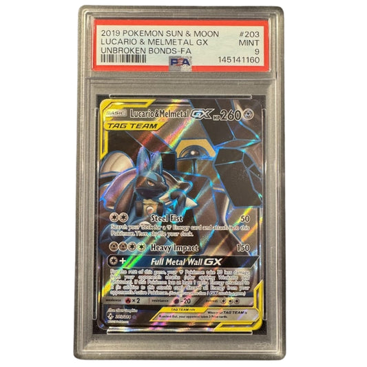 Pokémon Unbroken Bonds Lucario & Melmetal GX PSA 9 collectible card front.