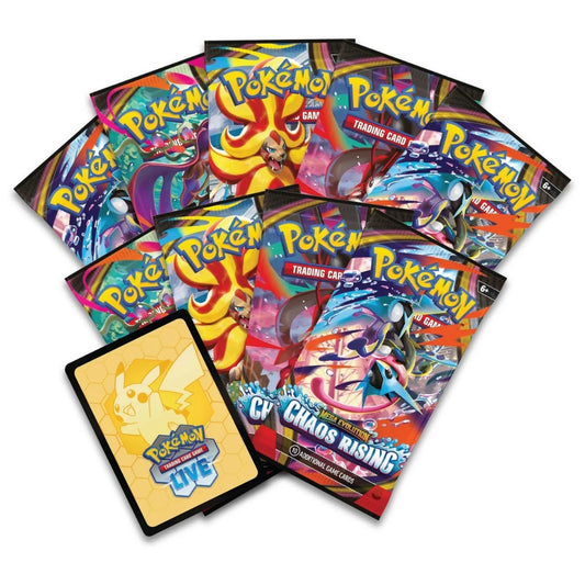 Nine Pokémon TCG Mega Evolution Chaos Rising Booster Packs.