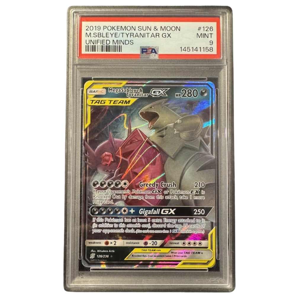 Mega Sableye & Tyranitar GX 126/236 PSA 9 graded Pokémon card font.