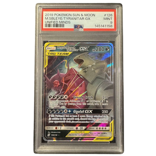 Mega Sableye & Tyranitar GX 126/236 PSA 9 graded Pokémon card font.
