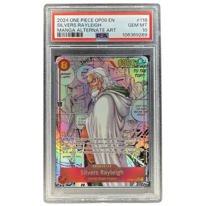Silvers Rayleigh OP08-118 Manga Rare PSA 10 One Piece card front.