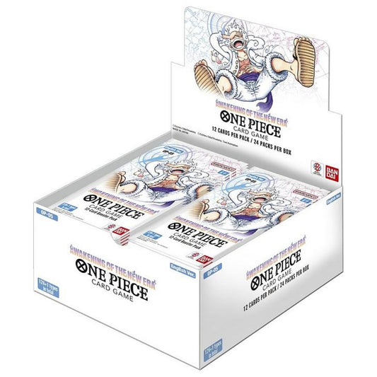 One Piece TCG OP-05 Awakening of the New Era Booster Box featuring characters from the Skypiea Arc and Revolutionary Army.
