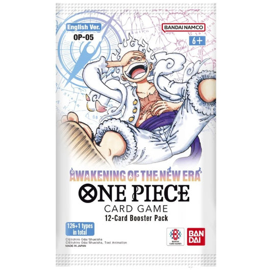 One Piece TCG OP-05 Awakening of the New Era Booster Pack featuring characters from the Skypiea Arc and Revolutionary Army.