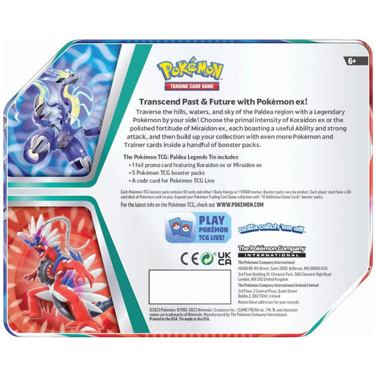 Rear view of the Pokemon Trading Card Game Paldea Legends Tin featuring Miraidon ex.