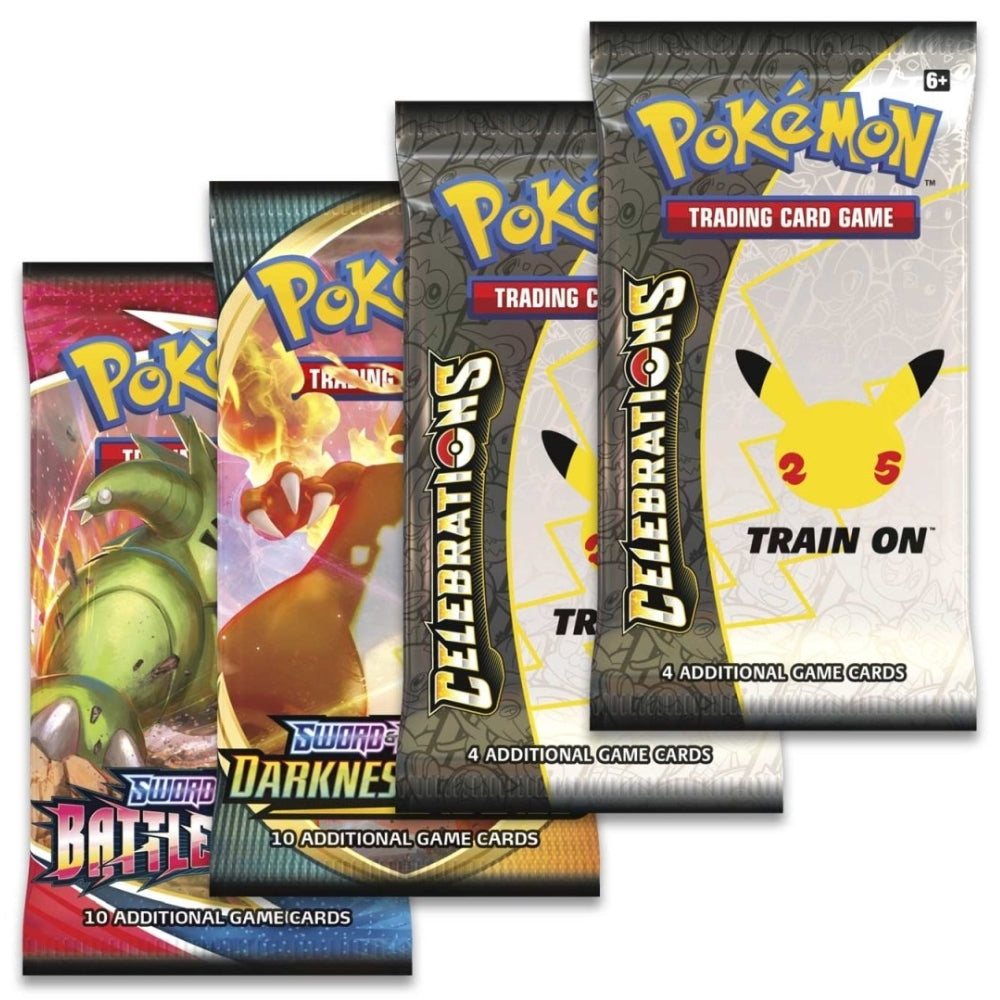Four packs of Pokémon trading card game cards on a white background.
