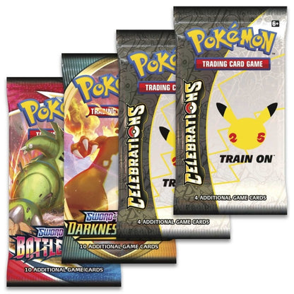 Four packs of Pokémon trading card game cards on a white background.