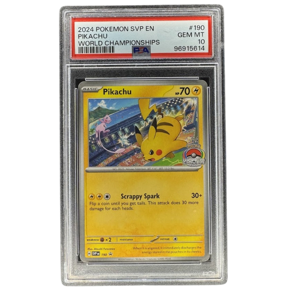 Pikachu World Championships 2024 SVP 190 PSA 10 Pokémon promo card front.